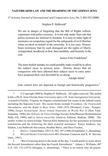 NAZI FIREARMS LAW AND THE DISARMING OF THE GERMAN JEWS