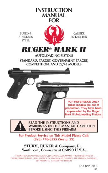 RUGER® MARK II AUTOLOADING PISTOLS STANDARD, TARGET, GOVERNMENT TARGET, COMPETITION, AND 22/45 MODELS